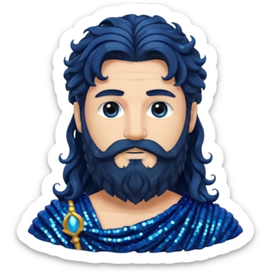 Neptune, God of Sea from Roman Deities with long jet black wavy hair and beard, dark blue sequin toga sticker