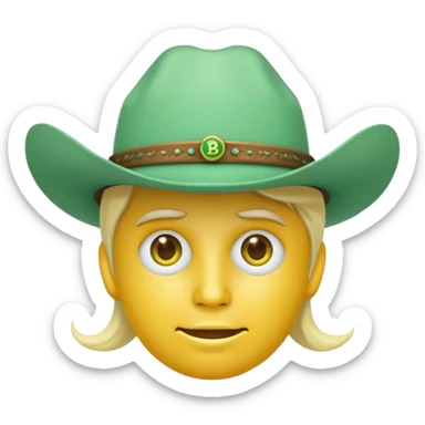 unisex yellow face emoji, minty green cowboy hat with '100x', Bitcoin logos for eyes, emoji style sticker