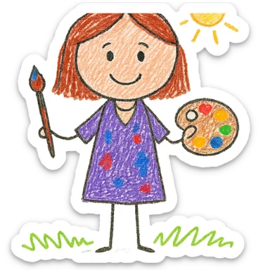 Serene female oil painter, Caucasian features, shoulder-length auburn hair, soft brown eyes, gentle smile, wearing a violet painter’s smock lightly stained with paint over a beige blouse, holding a wooden palette with vibrant colors in one hand and a brush in the other, waist-up, front-facing sticker