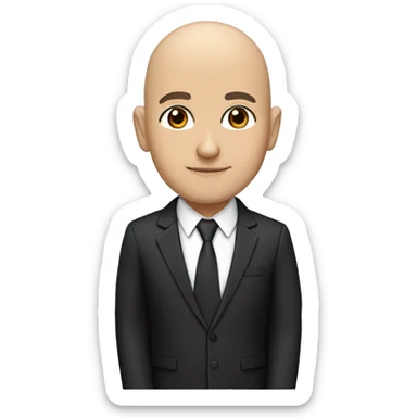 light skinned bald teacher with brown eyes wearing a black suit and a tan tie with a geometric pattern. teacher also wearing headphones and no glasses sticker