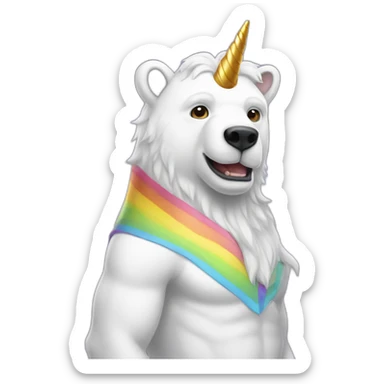 a white bear with half horse half human body wearing a rainbow unicorn horn sticker