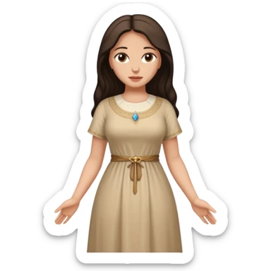 fullbody Mary Magdalene, fit and buxom body, very pretty detailed face, normal height, simple light tan dress, arms down with hands by hips, dark hair sticker