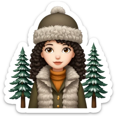 "A girl with curly dark hair 👩🏻‍🦱, wearing a fur hat 👒🦊 and a fur vest 🧥, standing in the snow ❄️ with pine trees 🌲 in the background. Minimalistic emoji style." sticker