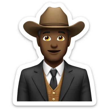 White man in a suit with a cowboy hat sticker