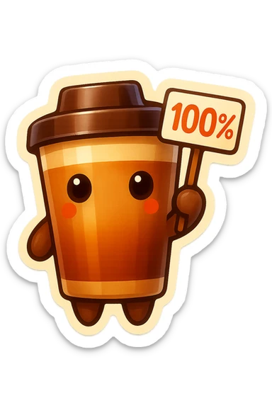Tall coffee cup, no mouth, holding sign "100%" sticker