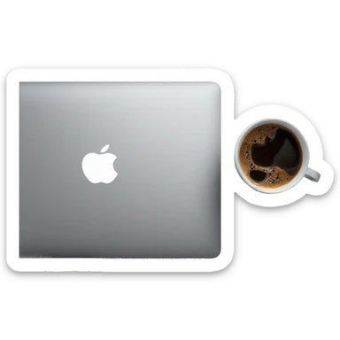 Ein MacBook und obendrauf ein Kaffee mit einem Notizbuch von oben fotografiert sticker