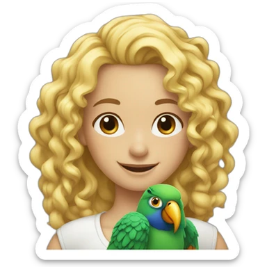 curly smiling blonde girl with parrot on her shoulder sticker