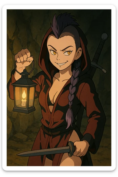 A sword maiden, mohawk, long braid with lavender tips hair, gold yellow eyes, blood red and black revealing hoodie, brandishing a lantern. Mischievous smirk sticker