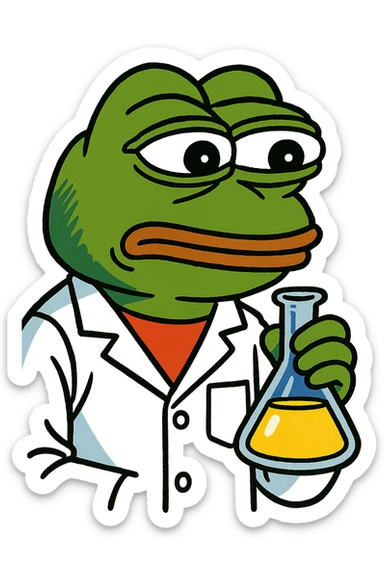 Pepe the Frog as a scientist with lab coat and beaker, meme style sticker