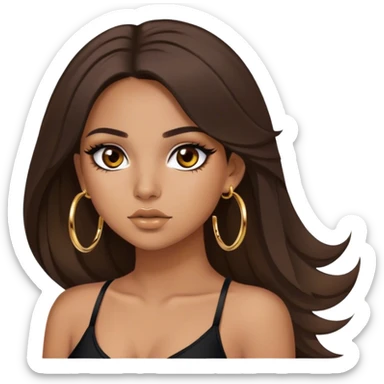 Latina girl medium tan skin with gold hoops and brown makeup beautiful hair down black wing eye  sticker