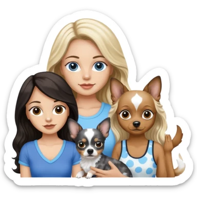 Three women in summer clothes with iPhones, hazel eyed light skin with dark blonde long hair holding black and tan chihuahua and Brown eyed,light skin,black long wavy hair and blue eyed light skin long blonde hair with blue spotted Merle Frenchie sticker
