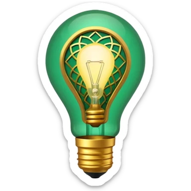 3D emoji, light bulb with Moroccan arabesque pattern inside, golden frame, glowing light, emerald green and gold colors, minimalist, white background. sticker