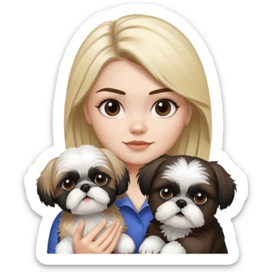 a blonde woman holding a black and white shihtzu with brown eyebrows sticker