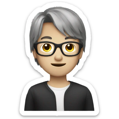 A boy with white skin, straight hair, and glasses wearing a mask sticker