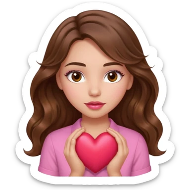girl with long wavy brown hair, brown eyes, light to medium complexion, in a pink shirt, pink lips, long lashes, squeezing a big heart sticker