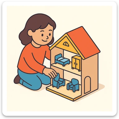 smiling girl arranging furniture in doll house sticker