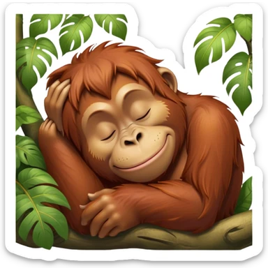 Meme-Worthy cute Sleeping Orangutan Portrait Emoji, Head resting peacefully with a contented smile, showcasing luxuriously soft fur and eyes gently closed in serene slumber, Simplified yet comically adorable features, highly detailed, glowing with a soft, drowsy jungle light, high shine, relaxed and utterly lovable, stylized with an air of playful laziness, bright and heartwarming, soft glowing outline, capturing the essence of a sleeping orangutan that feels destined to become the next viral icon of adorable rest! sticker