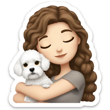White girl brown hair sleeping with mini Bichon Freeze sticker