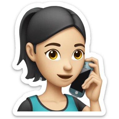 white skinny female with long dark hair in exercise clothes holding a phone under her ear sticker