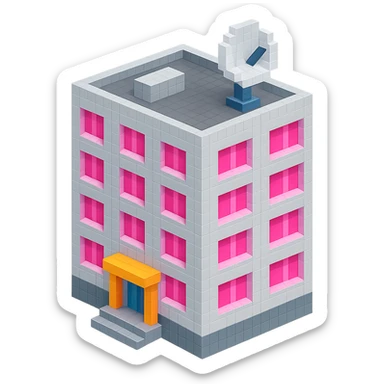 modern Russian panel apartment building, square block, light gray, bright pink windows, detailed entrance, large satellite TV dish on roof, isometric view sticker