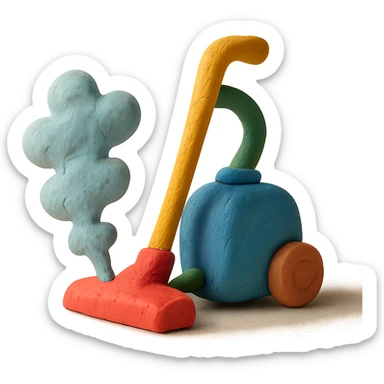 vacuum cleaner with dust cloud in claymation style with matte finish and soft lighting sticker