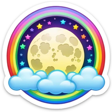 Beveled button with shine, Neon rainbow colored damask style full moon with stars and clouds in the center sticker