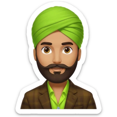a pretty bratz emoji that looks like a bearded Akshay kumar wearing a neon green turban. Wearing a dark brown flannel blazer sticker