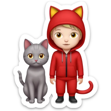 There is a kid wearing all red. Next to him there is a gray cat that has a red cat outfit and the cat has yellow eyes sticker