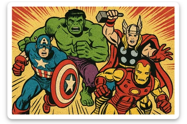 Marvel superhero team, action scene, vibrant colors, comic book illustration sticker