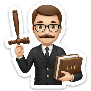 “Create a clean, modern emoji-style illustration of a male lawyer. He is wearing a formal suit jacket. He is holding a judge’s gavel (QUE SE VE DE COSTADO) in one hand and has a law book tucked under his arm. He has a mustache and beard!!, and GLASSES sticker