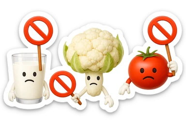 emoji stile iphone di un BICCHIERE DI LATTE CAVOLFIORE E POMODORO CHE FLUTTUANO IN ARIA CON DIVIETI IN MANO, iperrealistico 4k, isolato su sfondo bianco sticker