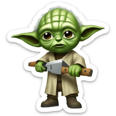 Yoda’s kid saws with a chainsaw. In a painted style sticker