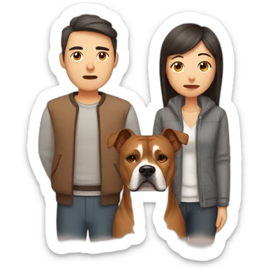 Sad Man with Chinese wife and brown Staffordshire terrier dog sticker