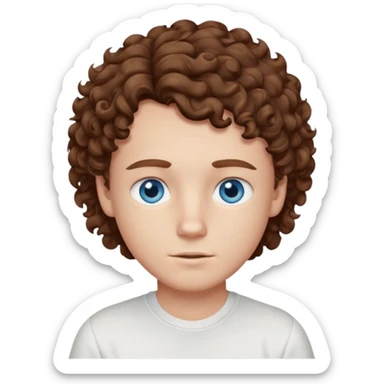 White boy with blue eyes and brown semi long hair with a White shirt without a side part, curly hair sticker