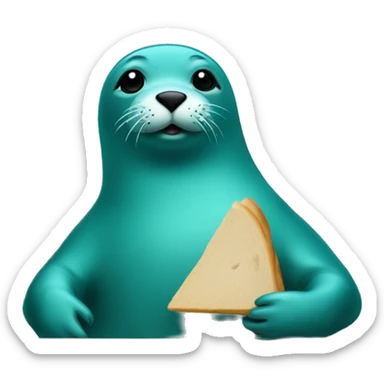 teal-coloured seal sitting behind a table with a sandwich sticker