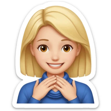 Girl smiling putting her hands around her neck sticker