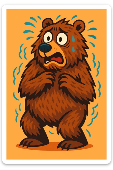 scared bear, expressive, detailed fur, wide eyes, trembling, cartoon style sticker