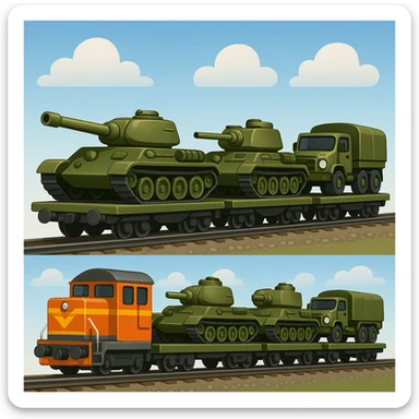 Create a realistic ordinary cargo train transporting military equipment such as tanks and trucks in a classic emoji style. This is variant 2 of the design. sticker