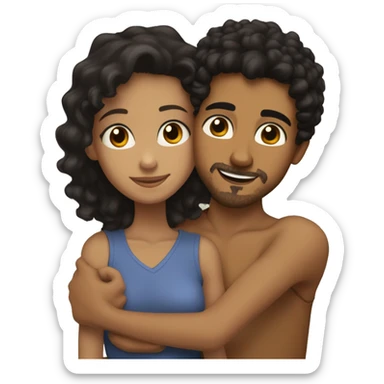 Girl with black hair, hazel eyes and tan skin hugging a boy with tan skin, brown curly hair, brown eyes and goatee sticker