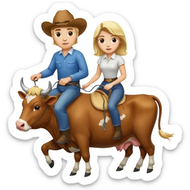 Do a man and a woman riding cows , the man is blond and woman a brunette sticker