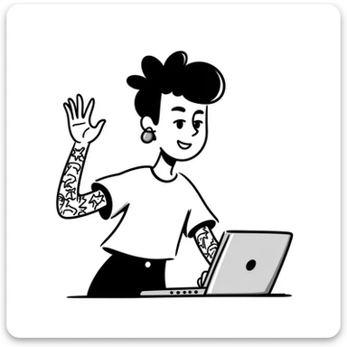 Punk rock female student with mohawk, facial piercings and full sleeve tattoos, smiling confidently while raising hand in class, laptop on desk, wearing band t-shirt sticker
