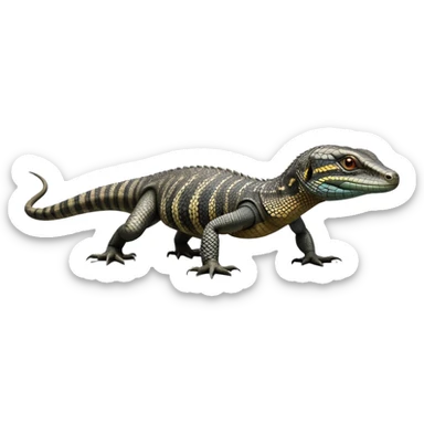 cinematic-monitor-lizard-realistic-full-body-standing on all fours-emoji,-long-powerful-tail-dragging-slightly-behind,-sleek-scaled-body-textured-with-rich-patterns and stripes,-head-tilted-dramatically,-dark-intense-eyes-observing-its-surroundings,-simplified-yet-realistic-focused-features,-highly-detailed,-glowing-with-an-almost-sarcastic-glow sticker