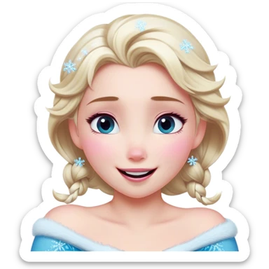 Cinematic Adorable Elsa Portrait Emoji, Giggling as tiny snowflakes swirl around her, cheeks flushed pink from the cold, eyes twinkling with warmth, a heart-melting mix of beauty and playfulness! sticker