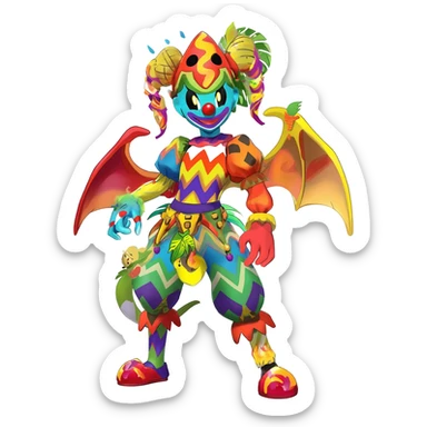 zig-zag-patterned clownish colorful exotic fruity tribal tropical hot swirl-marked Meloetta-Dialga-Salamence-Giratina-Noivern-Pokémon-Fakémon-fusion-hybrid-creature sticker