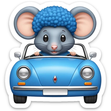 rat with an afro driving a blue car sticker