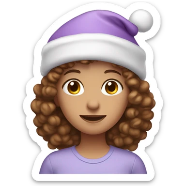 Girl with short brown curly hair and a light purple Christmas hat sticker