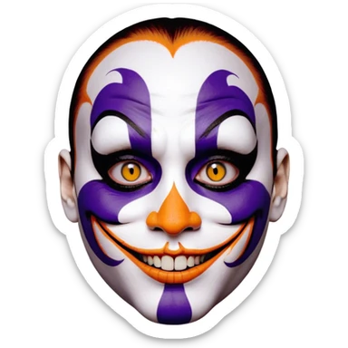 Perfectly round disembodied floating Juggalo smiley face that is hairless with white skin with realistic human brown colored eyes and elaborate but symmetrical thin lined face paint that covers most of the area of their face from the top of the forehead down the sides of their chin to the bottom of their face that is orange outlined in dark purple, with an unrealistic anatomically impossible grin with broken teeth and look in their eyes that is menacing sticker