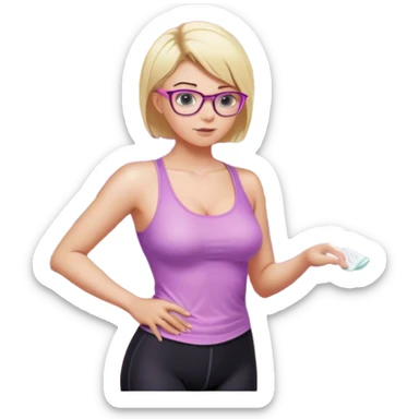 Thick fair skinned woman, short blond hair, small light purple reading glasses, washing dishes, SFW sheer pink tank top, without undergarments showing natural breast shape SFW, black yoga pants, thick booty sticker
