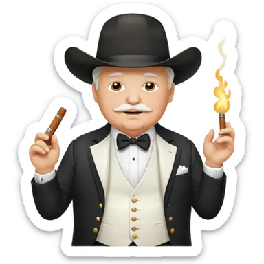 Create an emoji of an older, chubby man wearing an elegant all‑white suit with white waistcoat, white bow tie, and a large white cowboy hat. He is smirking confidently and holding a lit cigar in one hand in front of his chest. The character should look like a greedy, arrogant rich politician. sticker