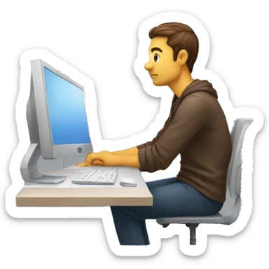 A graphic designer sitting behind a computer and wondering from the opposite angle sticker